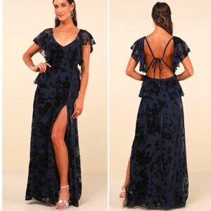 Romantic Wonder Navy Burnout Velvet Ruffled Tie-Back Maxi Dress Medium - NEW